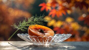 Persimmon Fruit Still Life with Dill and Fall Foliage photo