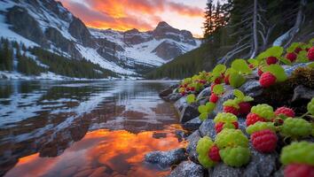 Mountain Lake with Berries at Sunset photo