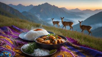 Chicken Curry and Rice with Deer Mountain Backdrop photo
