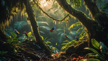 Parrots in Tropical Rainforest Jungle with Lush Greenery photo