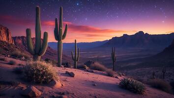 Cactus Landscape at Night with Stars photo