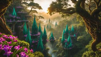 Fantasy Crystal Structures in Lush Green Jungle photo