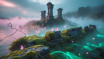 Fantasy Ruins and Butterflies Over Water photo