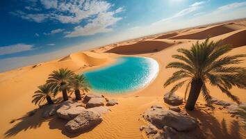 Beautiful sahara desert with blue water and palm trees in the desert photo