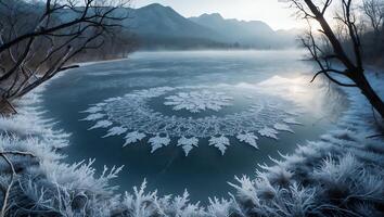 Frozen Lake with Ice Pattern and Mountain Background photo