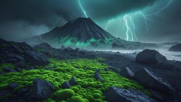 Volcano with Lightning Strike Over Mossy Landscape photo