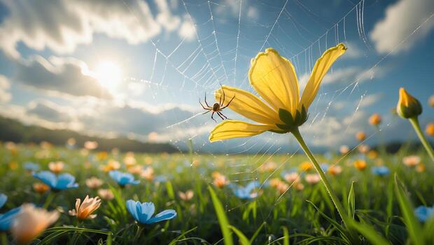 Spider on Flower Web in Meadow During Sunny Day photo