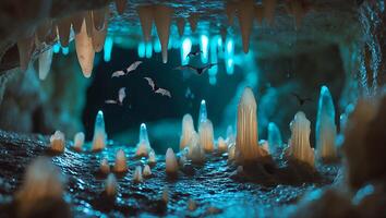 Bats Fly Through the Cave with Stalactites and Stalagmites photo