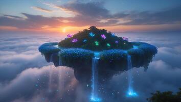 Floating Island with Butterflies and Waterfalls Above Clouds photo