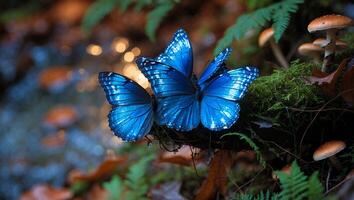 Blue Butterfly on Mossy Branch with Mushroom photo