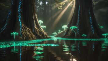 Glowing Trees in a Dark Forest Swamp photo