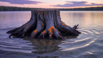 Tree Stump in a Lake During Sunset Landscape photo