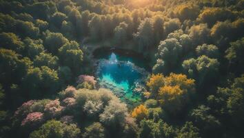 Aerial View of Lake Surrounded by Forest photo