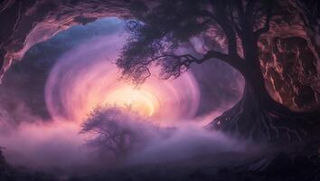 Surreal Tree Landscape with Light and Fog photo