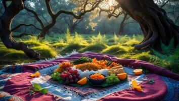 Picnic in Forest with Food and Blanket photo