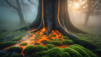 Tree with Glowing Sap in Misty Forest Landscape photo