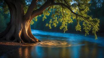 Tree by River with Sunlight on Water photo