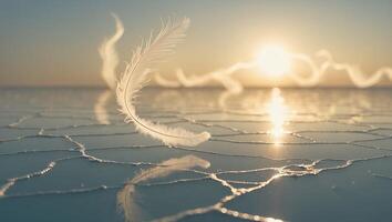 Floating Feather on Water Surface at Sunset photo
