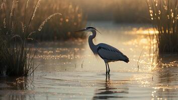 Heron Standing in Shallow Water at Sunset photo