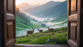 Deer in Mountain Meadow View From Open Door photo