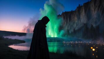Person in Robe Near Geyser at Dusk photo