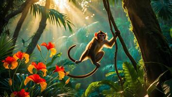 Monkey Swinging Through Tropical Forest with Flowers and Sunlight photo