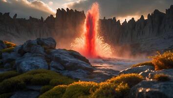 Red Explosion Over Water Near Rock Formations photo