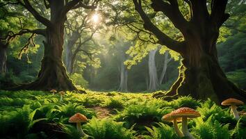 Forest Scene with Mushroom and Sunlight photo
