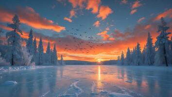 Frozen Lake Sunset with Birds and Snowy Trees photo