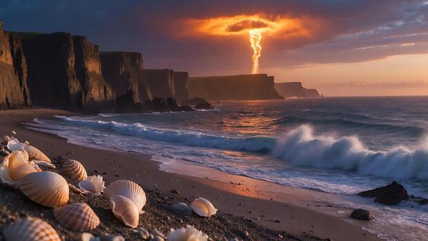 Beach with Cliff and Light Phenomenon in Sky Landscape Scene photo