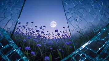 Field of Flowers Moon Through Broken Glass photo