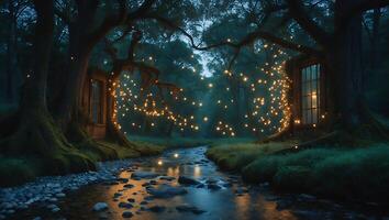 Magical Forest Stream with Light String and Window photo
