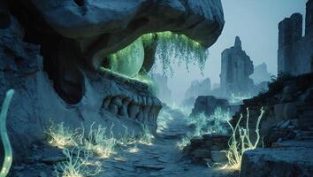 Skull Structure Ruins with Glowing Plants and Mysterious Atmosphere photo