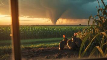 Rabbit Watches Tornado Over Farm Field photo