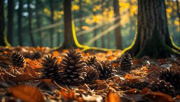 Pine Cones and Leaves on Forest Ground photo