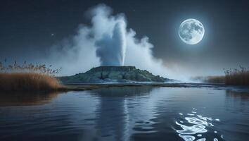 Geyser Erupts Under Moonlight Near Water photo