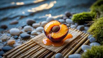 Half Plum on Bamboo Mat by Water photo