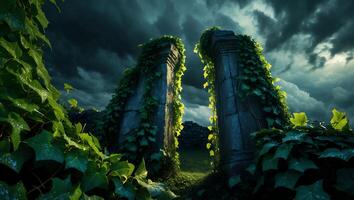 Stone Pillars with Vines Under Cloudy Sky photo