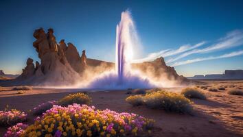Desert Geyser Landscape with Wildflowers and Rock Formations photo