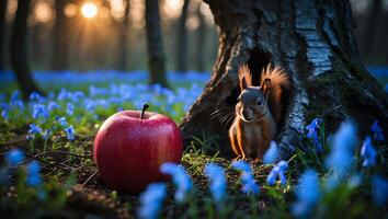 Squirrel with Red Apple in Forest of Blue Flowers photo