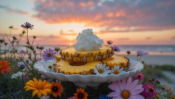 Pineapple with Cream and Flowers at Sunset Beach photo