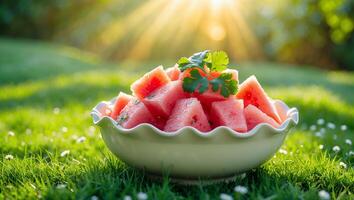 Watermelon Pieces in Bowl on Sunny Green Grass photo