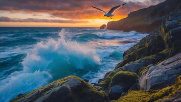 Seagull Flying Over Ocean Wave and Rocky Coast at Sunset photo