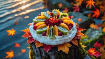 Fruit Pavlova with Autumn Leaves Near Water photo