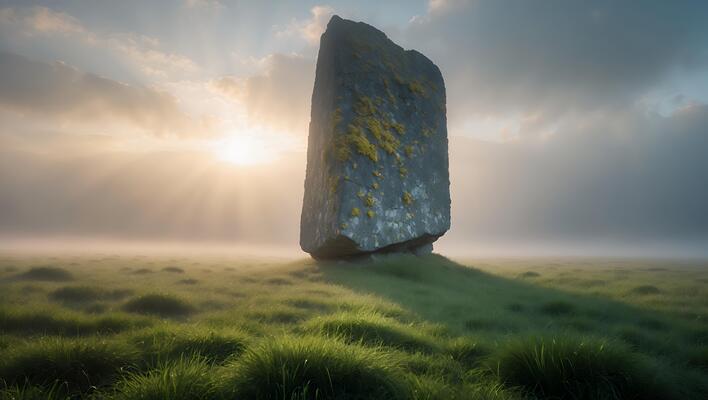 Standing Stone in Misty Field at Sunrise