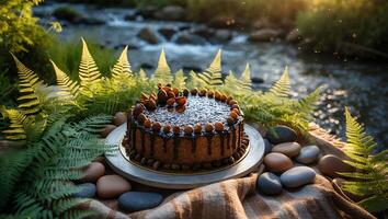 Chocolate Cake Decorated with Nuts and Chocolate Sauce photo