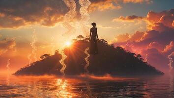 Island Sunset with Woman Figure and Stream photo