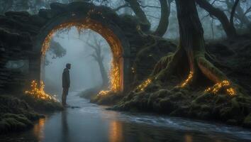 Man Stands Near Illuminated Arch in Foggy Forest Scene photo