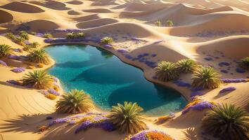 Desert Oasis Surrounded by Sand Dunes and Vegetation photo