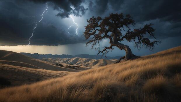 Tree and Lightning Over Golden Hills Landscape photo